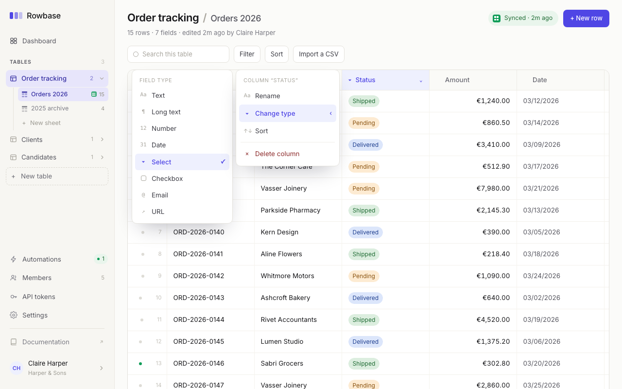 The Rowbase grid, with the field type menu open on the Status column: text, long text, number, date, select, checkbox, email, URL.