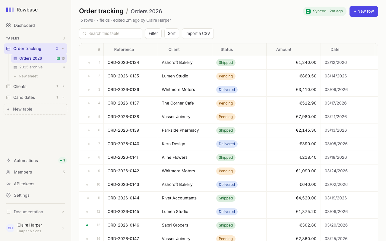 The Rowbase grid on an order tracking table: typed columns, coloured status pills, a sync badge to Google Sheets, and the sidebar of tables.