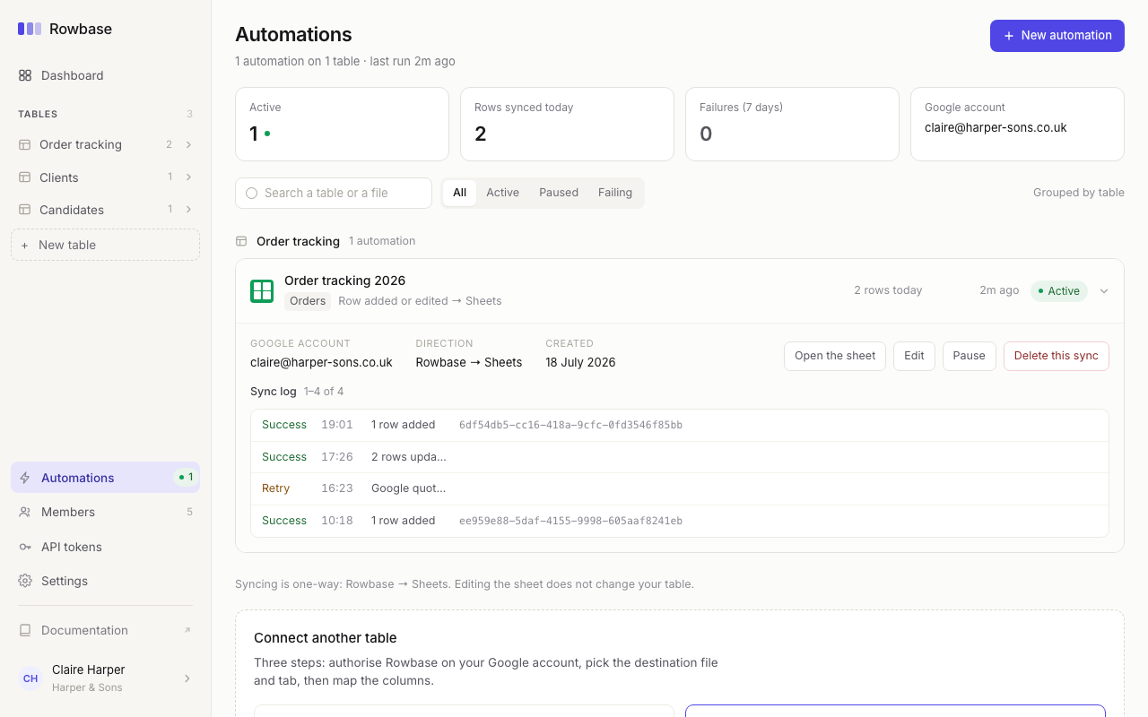 The Rowbase automations screen: one active export from the Orders table to a Google Sheet, with its log of successful and retried writes.